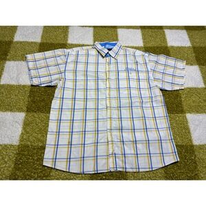 Southpole Men Plaid Button Up Shirt XL Short Sleeve White Blue Yellow Streetwear